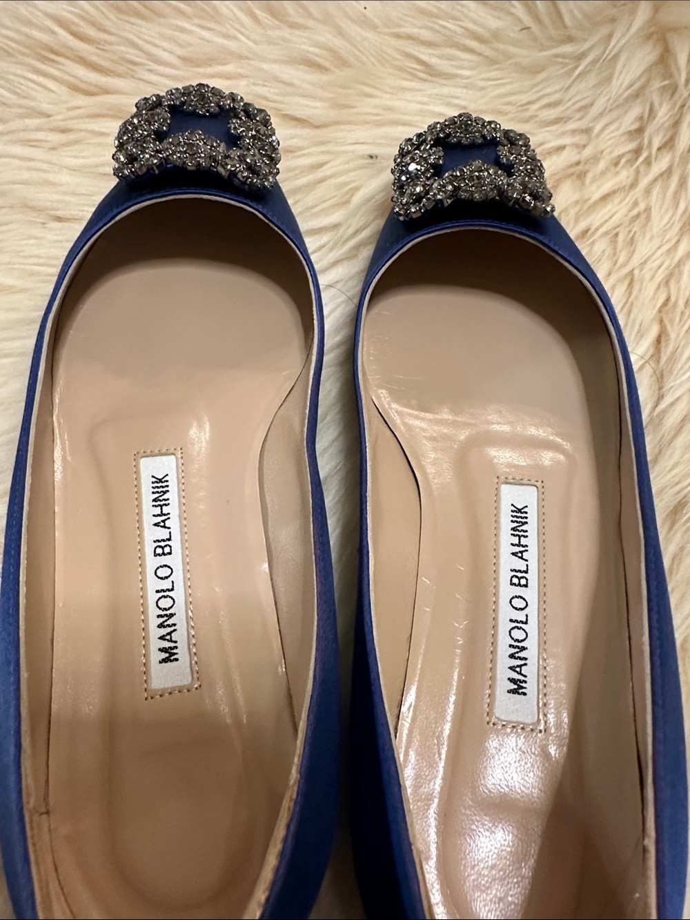 Manolo Blahnik Royal Blue Satin Pointed-Toe Flats with Crystal Buckles - Picture 7 of 7
